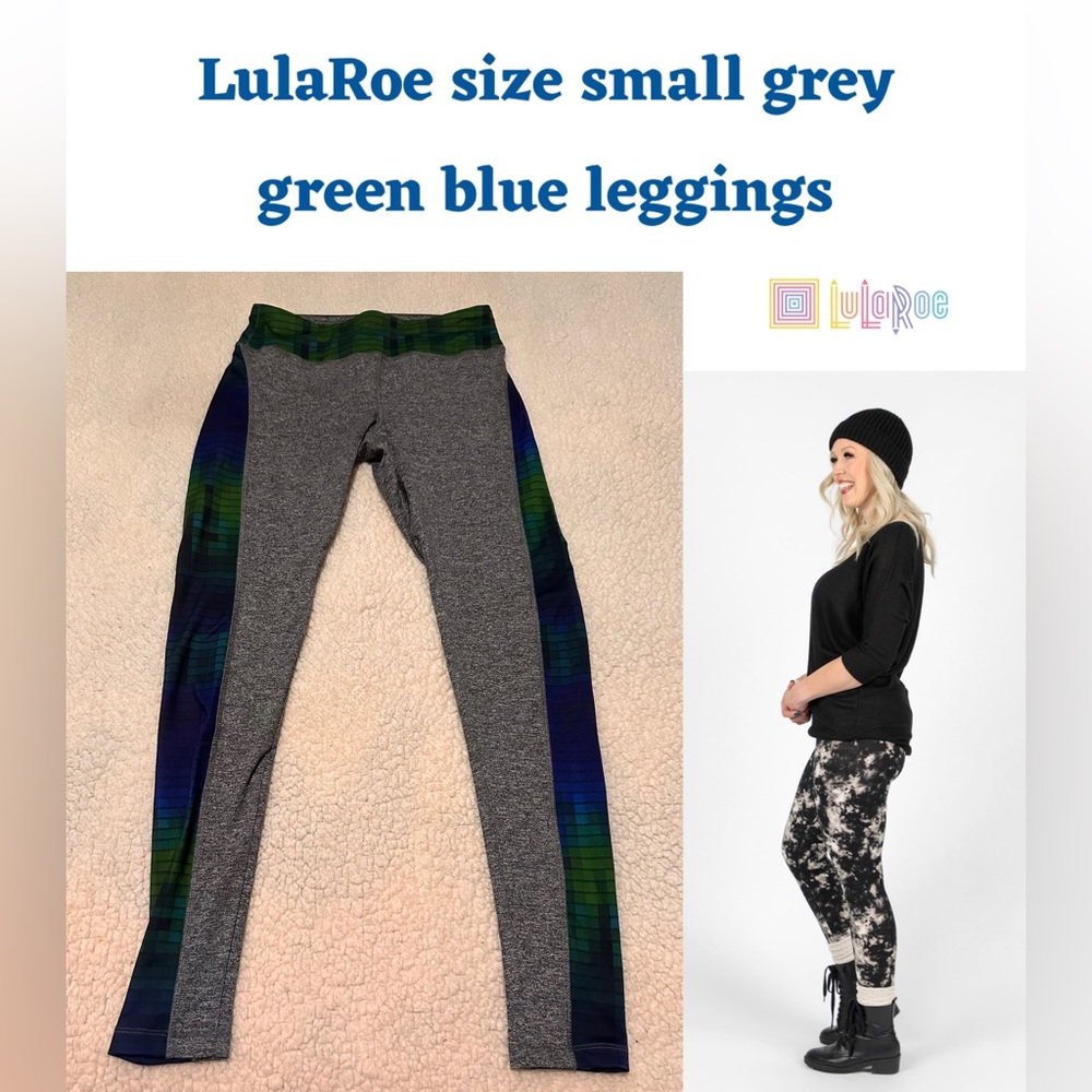 Lula Roe small yoga pants leggings blue green Minecraft pixelated look on grey